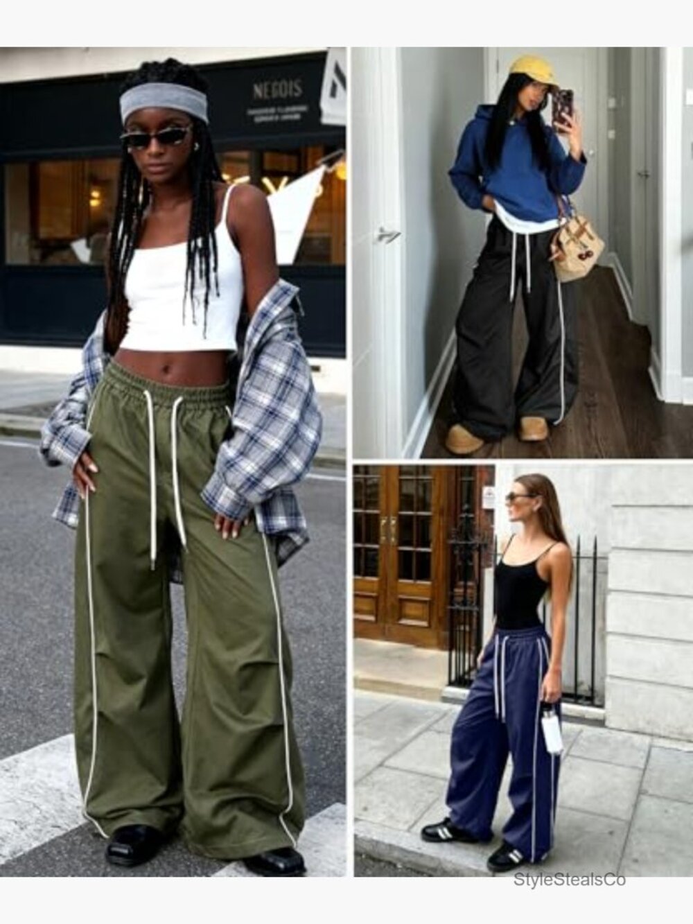 Wide Leg Parachute Pants Baggy Barrel Casual Trousers Y2K Streetwear - Picture 4 of 7